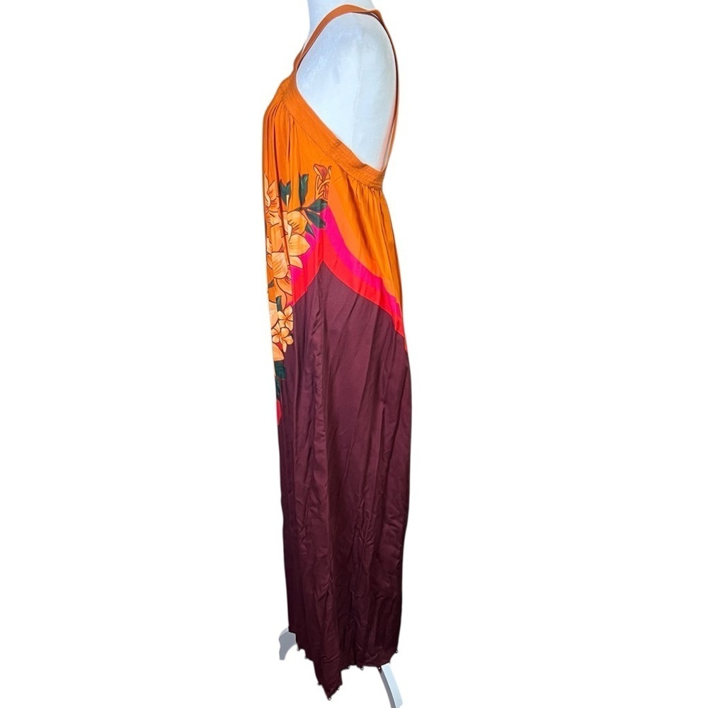 FARM RIO Orange Boho Maxi Dress Pinafore Cover Up Floral Whimsy Brown Size S NEW - Picture 8 of 15